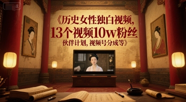 历史女性独白视频，13个视频10w粉丝，伙伴计划，视频号分成等-千猫网创
