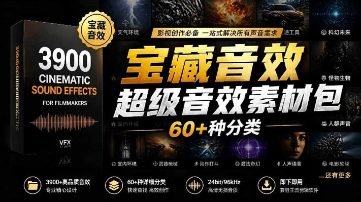宝藏音效合集包!60+多种音效分类,共计3900个,分类清晰,全中文分类,高品质剪辑音效素材包