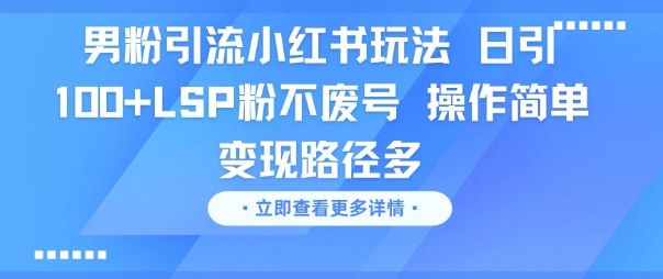 男粉引流小红书玩法，日引100+LSP粉不废号，操作简单，变现路径多-千猫网创