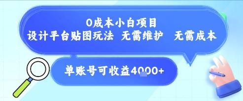 0成本小白项目，设计平台贴图玩法，无需维护，无需成本，单账号单月可产生收益4k+-千猫网创
