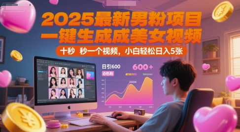 2025最新男粉项目，一键生成美女视频，日引600+色粉 十秒一个视频，小白轻松日入5张【揭秘】-千猫网创