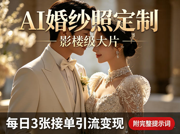 AI婚纱照定制影楼级大片，每日3张接单引流变现，轻松实现副业增收（附完整提示词）