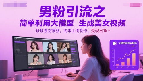 男粉引流之简单利用大模型生成美女视频，条条原创爆款，简单上传制作，变现日1k+-千猫网创