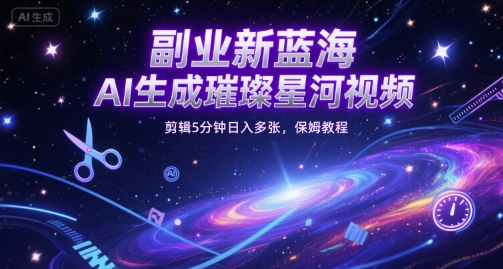 副业新蓝海，AI生成璀璨星河视频，剪辑5分钟日入多张，保姆教程-千猫网创