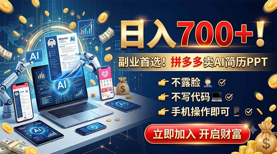 （19490期）拼多多卖AI简历PPT，不露脸不写代码，手机操作日入700+，副业首选！