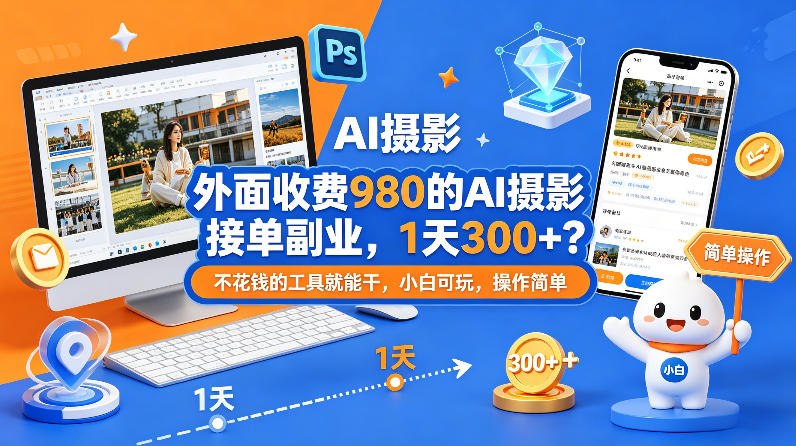 外面收费980的AI摄影接单副业，1天300+？不花钱的工具就能干，小白可玩，操作简单
