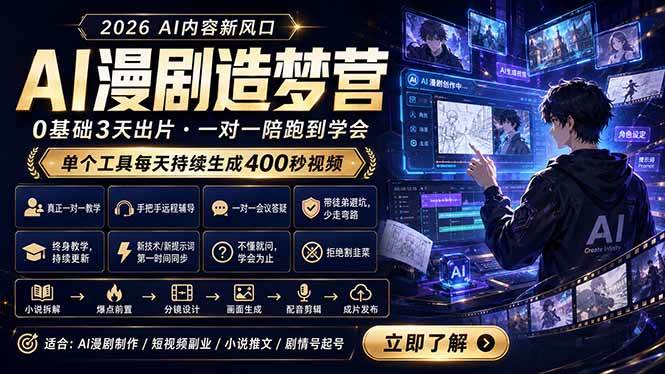 (18568期)AI漫剧造梦营:0基础3天出片,单个工具每天持续生成400秒视频 (18568期)AI漫剧造梦营:0基础3天出片,单个工具每天持续生成400秒视频