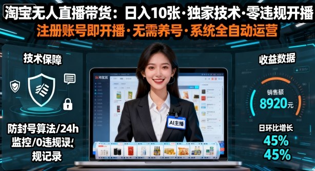 【最新】淘宝无人直播带货，日入10张，独家技术，无违规无封号，注册账号直接开播，不用养号【揭秘】