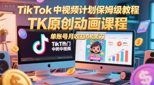 TikTok中视频计划保姆级教程，TK原创动画课程，单账号月收益4k美刀-千猫网创