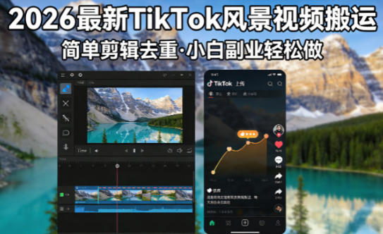 2026最新TikTok风景视频搬运简单剪辑去重,小白副业月入8k