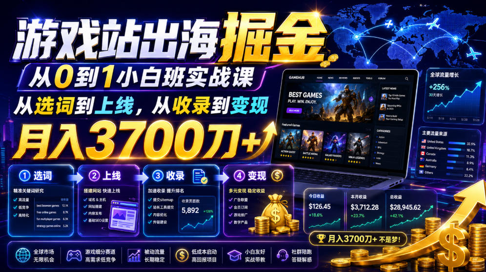 游戏站出海掘金从0到1小白实战课,从选词到上线,从收录到变现,月入3700刀+(更新)