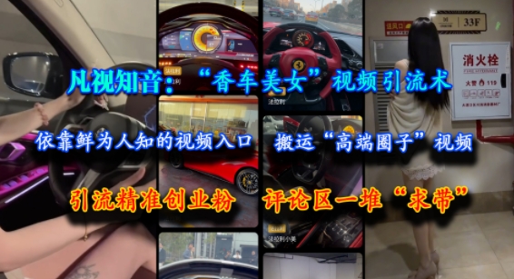 凡视知音：“香车美女”视频引流术，依靠鲜为人知的视频入口，搬运“高端圈子”视频，引流精准创业粉，评论区一堆“求带”-千猫网创