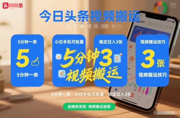 今日头条视频搬运，5分钟一条，小白手机可批量，稳定日入3张