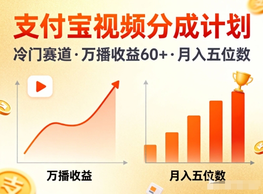 支付宝视频分成计划，做冷门赛道，万播收益60+，月入五位数！