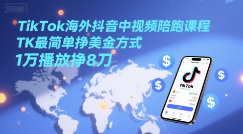 TikTok海外抖音中视频陪跑课程,TK最简单挣美金方式,1万播放挣8刀-千猫网创